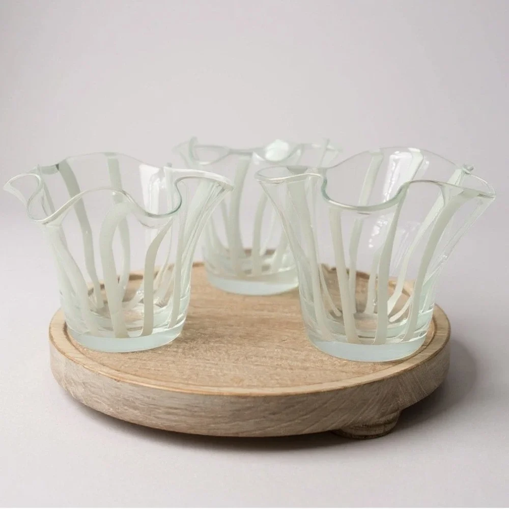 Set of 3 Art Glass Folded Handkerchief Ruffled Vases Clear White Smooth‎ Base